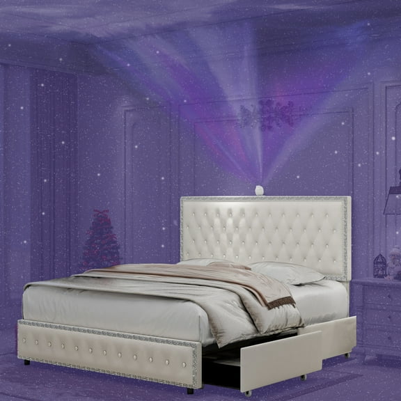 Bed Frame Queen size bed frame with 4 drawers, Star Galaxy Projector, USB Charger, Music Speaker, Adjustable Upholstered Headboard with Diamond Button, Velvet