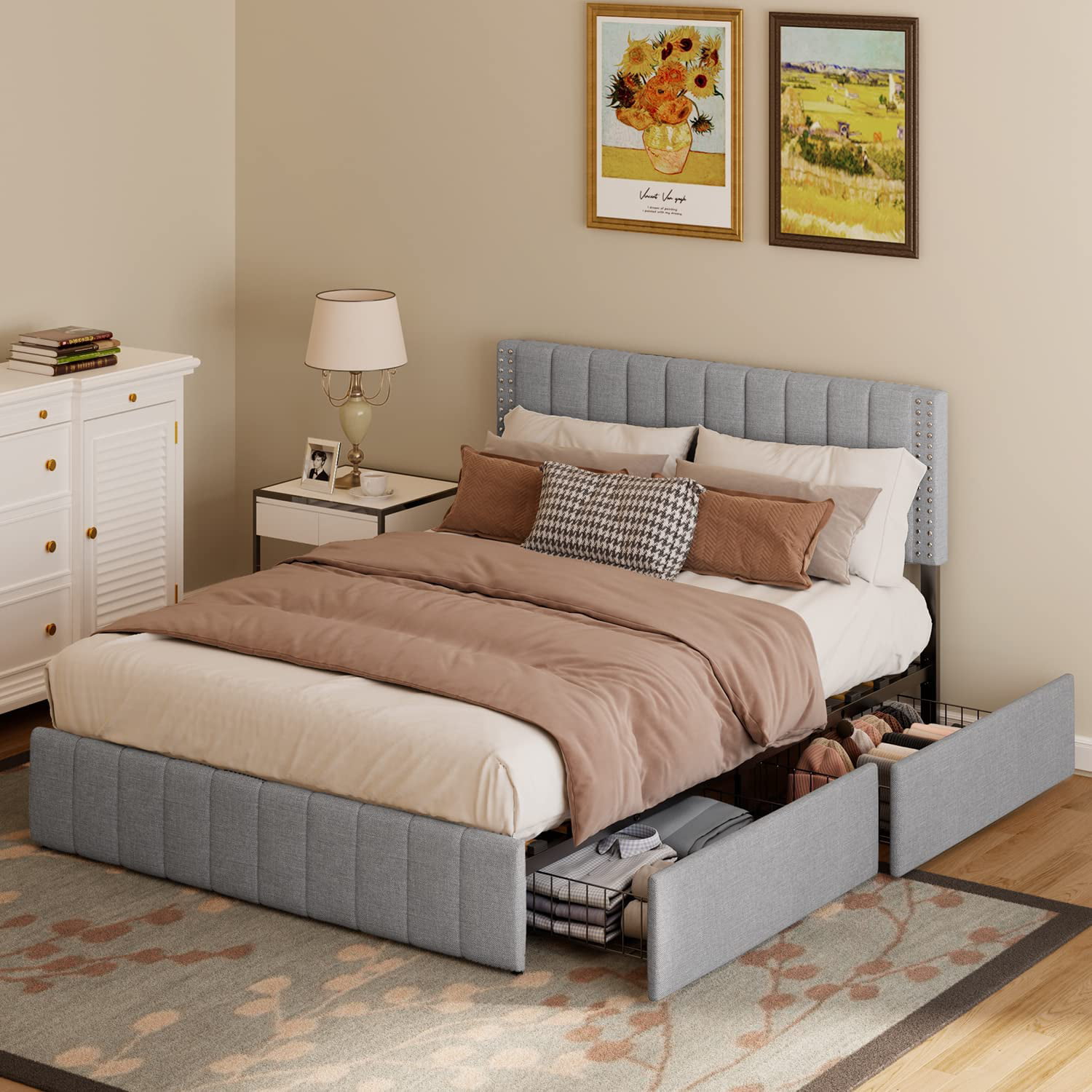 Aiho Queen Bed with 4 Storage Drawers
