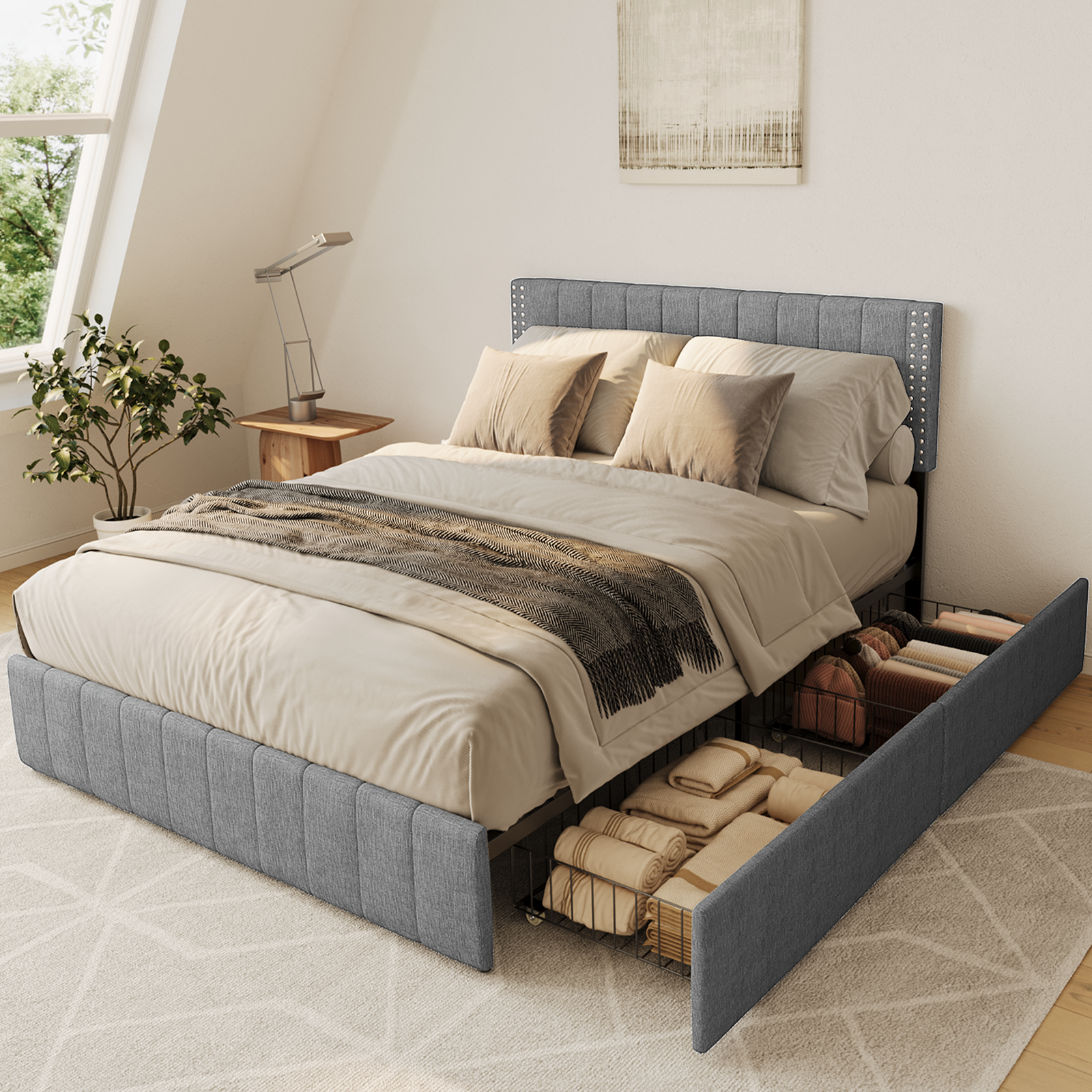 Bed Frame Queen with 4 Storage Drawers for Bedroom, Light Grey - image 1 of 10