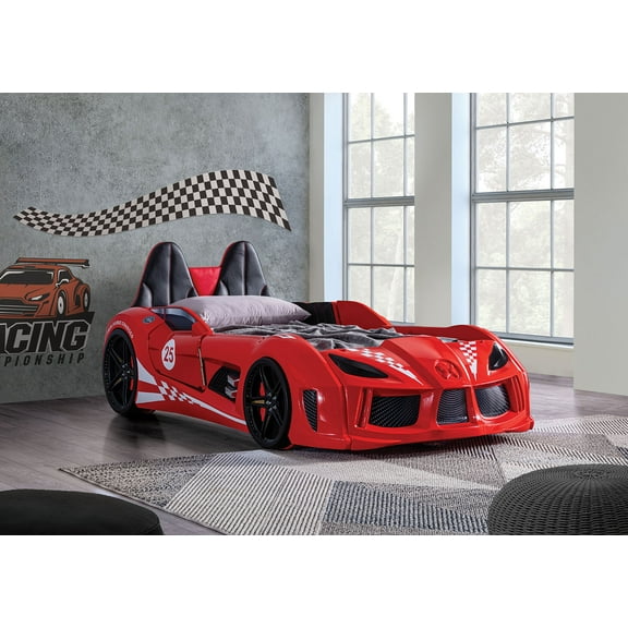 Bed Frame Red Finish Twin Size Race Car Design Bed Modern Novelty Style Attached Two Magnetic Doors With LED Lights On Wheels And Bottom Upholstery Headboard
