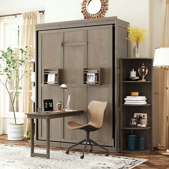 Bed Frame Rotating Queen Murphy Bed with Hidden Wall Cabinet, Dual 3-Tier Side Shelves, Convertible Desk, Extra Storage Racks, Space-Saving Multifunctional Wall Bed for Home Office &Small Rooms, Gray