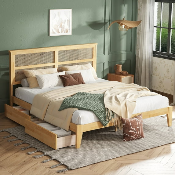 King Size Bed with Rattan Headboard, 2 Storage Drawers/Noise-Free Support/600LB Capacity, Rubber Wood Frame for Master Bedroom & Modern Boho Decor, White Oak