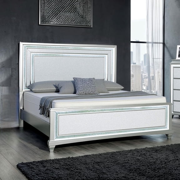 Bed Frame Silver / Gray 1pc Queen Size Bed Faux Crystal w LED Headboard Panel Bedframe Bedroom Furniture Glamorous Contemporary Style