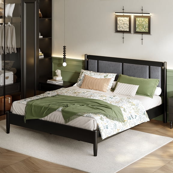 Bed Frame Solid Wood King Bed, Heavy Duty 600 lbs Support, No Box Spring Needed, Black Upholstered Headboard with Metal Handles
