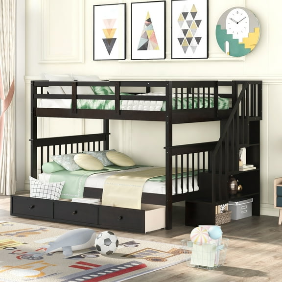 Bed Frame Stairway Full-Over-Full Bunk Bed with Drawer, Storage and Guard Rail for Bedroom, Espresso color