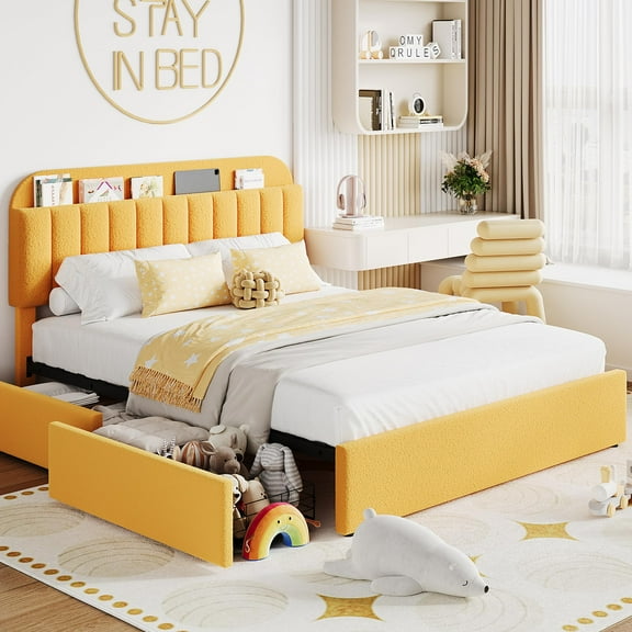 Bed Frame with Storage Fabric Upholstered Headboard, Upholstered Platform Bed with 2 Drawers and Bookcase, No Box Spring Needed, Easy Assembly for Small Space