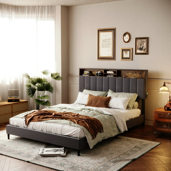 Bed Frame with Storage Headboard & Footboard, Upholstered Platform Bed with USB Ports & Outlets, Strong Steel Slats Support Mattress Foundation, No Box Spring Needed (Queen, Gray)