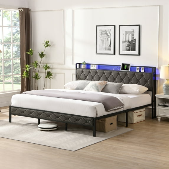 Bed Frame with Storage Headboard, LED Bed Frame, Upholstered Platform Bed Frame with LED Lights & Charging Station, No Box Spring Needed, Easy Assembly, Noise Free