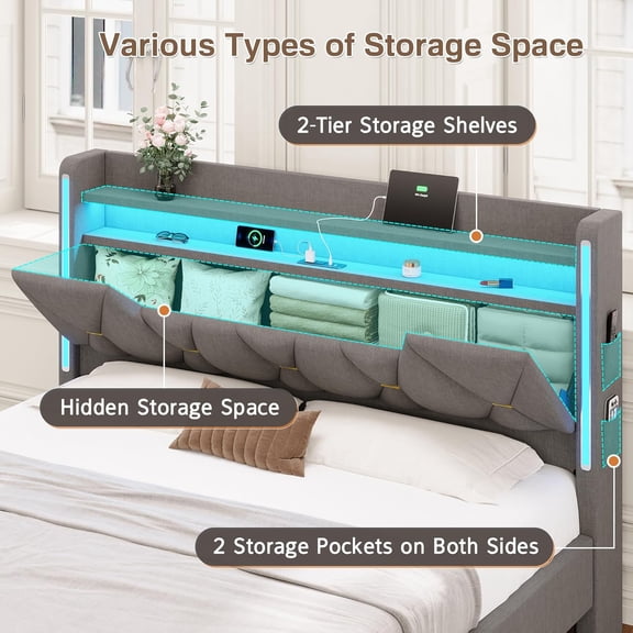 Bed Frame with Storage Headboard, Metal Bed Frame with LED Lights & Charging Station, Upholstered Bed with Marshmallow Headboard, No Box Spring Needed, Easy Assembly,Dark Gray