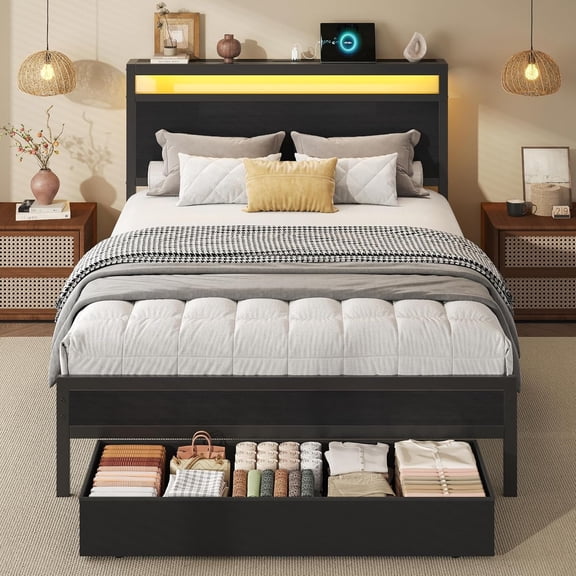 Bed Frame with Storage, Headboard with Station, LED Lights, Platform Bed Frame Size, Fabric Drawers with Wheels, No Box Spring Needed, Noise Free, Classic Black