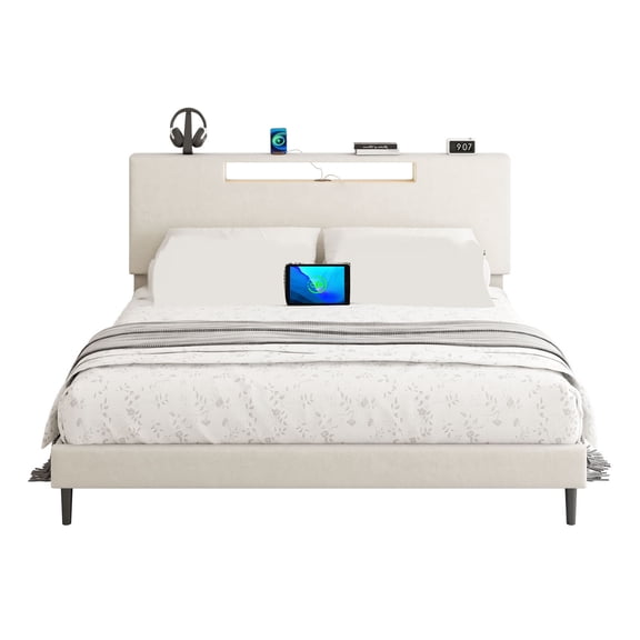 Bed Frame Super Large Size Upholstered High Headboard Low Noise Mattress Foundation Frame with LED Light and Charging Function