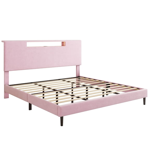 Bed Frame Super Large Size Upholstered High Headboard Low Noise Mattress Foundation Frame with LED Light and Charging Function