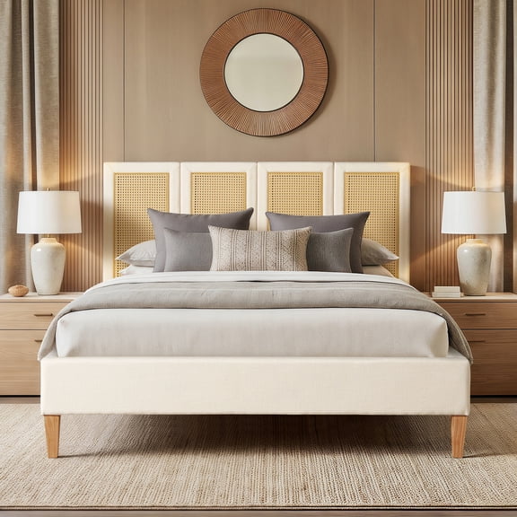 Bed Frame Toscana Queen Upholstered Cane Back Platform Bed, Antique White Polyester