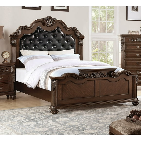 Bed Frame Traditional Antique Cherry 1pc Eastern King Size Bed Leather Headboard Wooden Bedframe