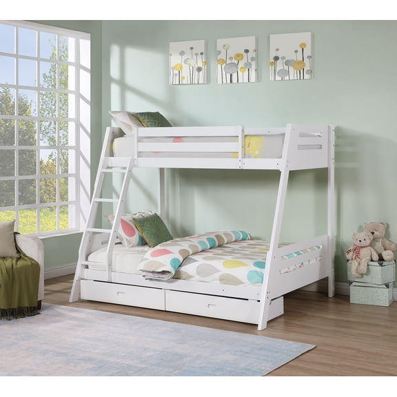 Bed Frame Transitional Bunk Bed White Finishing And Underbed Drawers Angled Ladder
