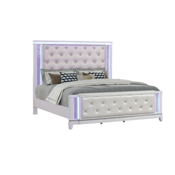 Bed Frame Tufted Design, Led-Lit Panels, And Contemporary Glam Queen Bed In Milky White