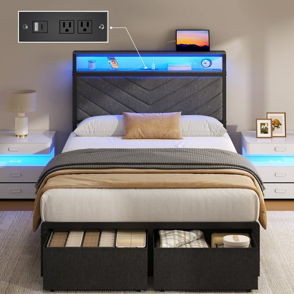 Fluest Twin Bed Frame with 2-Tier Storage Headboard, USB Port and LED Light, 2 Storage Drawers, Gray