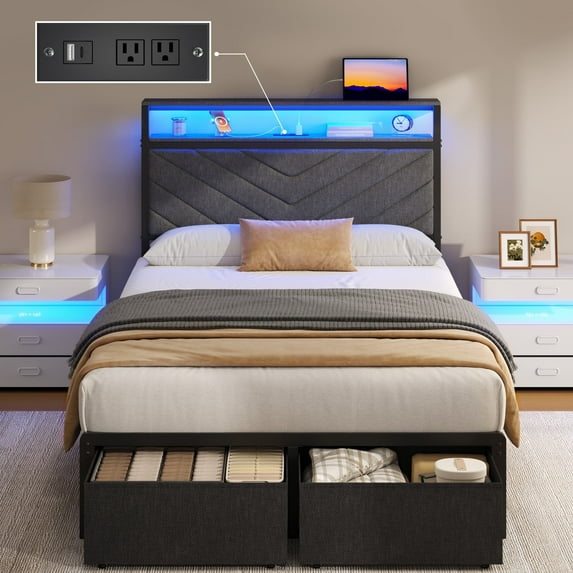 Fluest Twin Bed Frame with 2-Tier Storage Headboard, USB Port and LED Light, 2 Storage Drawers, Gray