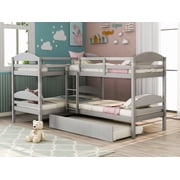 Bed Frame Twin L-Shaped Bunk bed with Trundle-Gray{OLD SKULP000024AAE}