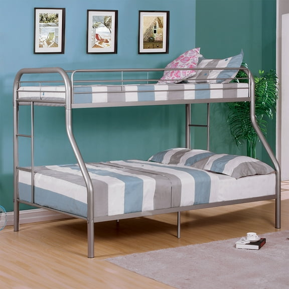 Bed Frame Twin Over Full Metal Bunk Bed Contemporary Style With Angled Ladder, Silver