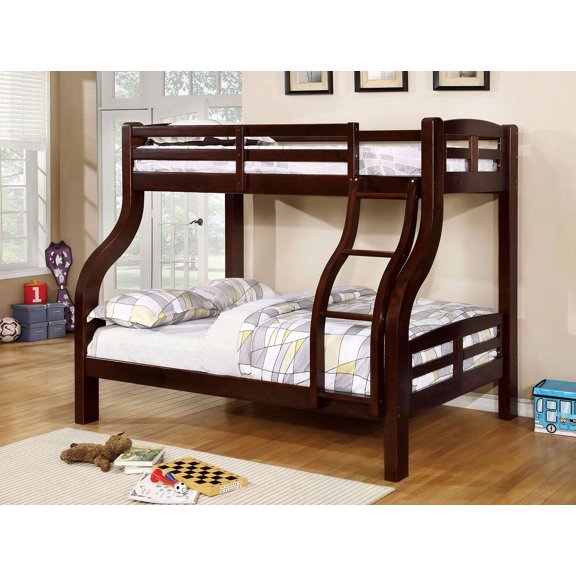 Bed Frame Twin Over Full Transitional Style Espresso Finish Attached Curved Ladder Upper Bed Rails Bold Curved Design