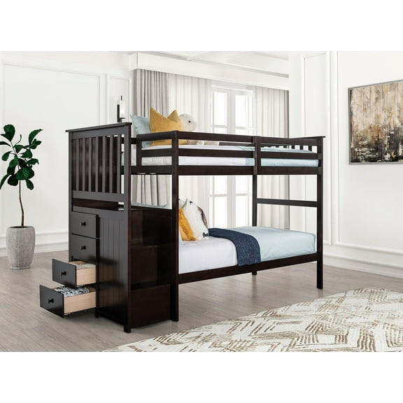 Bed Frame Twin Over Twin Bunk Bed Transitional Style Front Side Steps And 4 Under Storage Drawers, Espresso