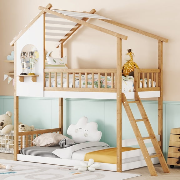 Bed Frame Twin Over Twin Bunk Bed Wood Bed with Roof, Window, Ladder,Natural