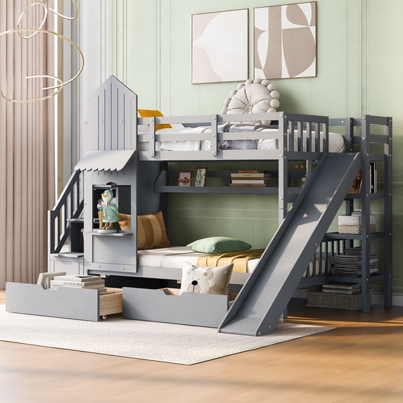 Bed Frame Twin-Over-Twin Castle Style Bunk Bed with 2 Drawers 3 Shelves and Slide Gray