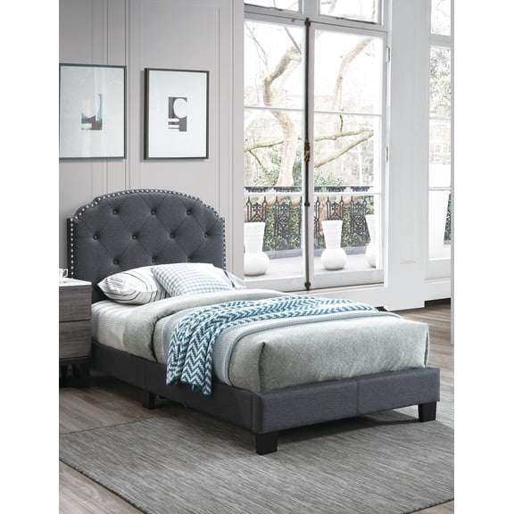 Bed Frame Twin Size 1pc Bed Nailhead Trim Button Tufted Burlap Fabric Charcoal Finish Bedroom Furniture