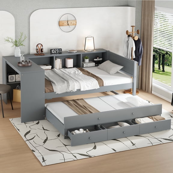 Bed Frame Twin Size Daybed with Trundle, Wood Day Bed Frame with Storage Drawers and Side Shelves, Daybed with Desk, No Spring Box Needed, Gray,Platform Bed Frame