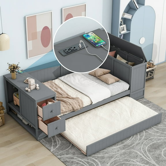 Bed Frame Twin Size Daybed with Storage Arms, Trundle and Charging Station, Gray