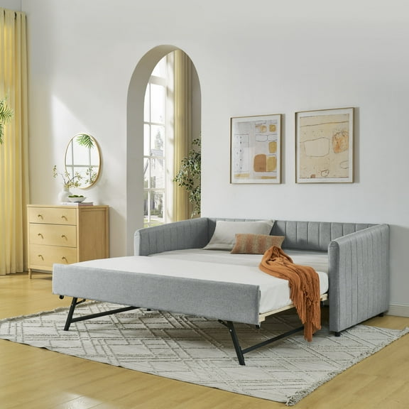 Bed Frame Twin Size Daybed with Trundle Upholstered Sofa Bed, with Vertical Stripes, Linen Fabric, Grey (82.5"x43"x30"),Platform Bed Frame