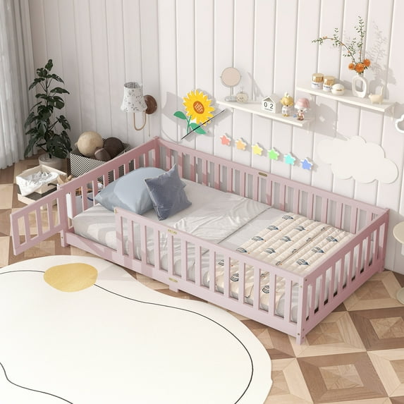 Bed Frame Twin Size Floor Bed with Fence and Door,Rubber Wood Floor Bed with Safety Guardrails,Pink,Platform Bed Frame