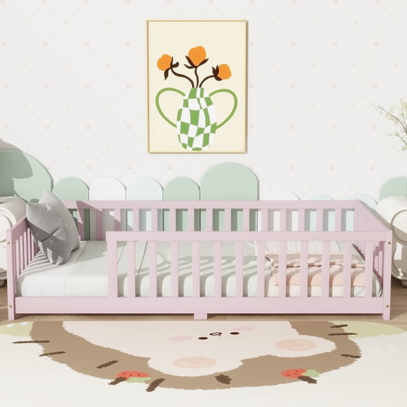 Bed Frame Twin Size Floor Bed with Fence without Door, Rubber Wood Floor Bed with Safety Guardrails,Pink