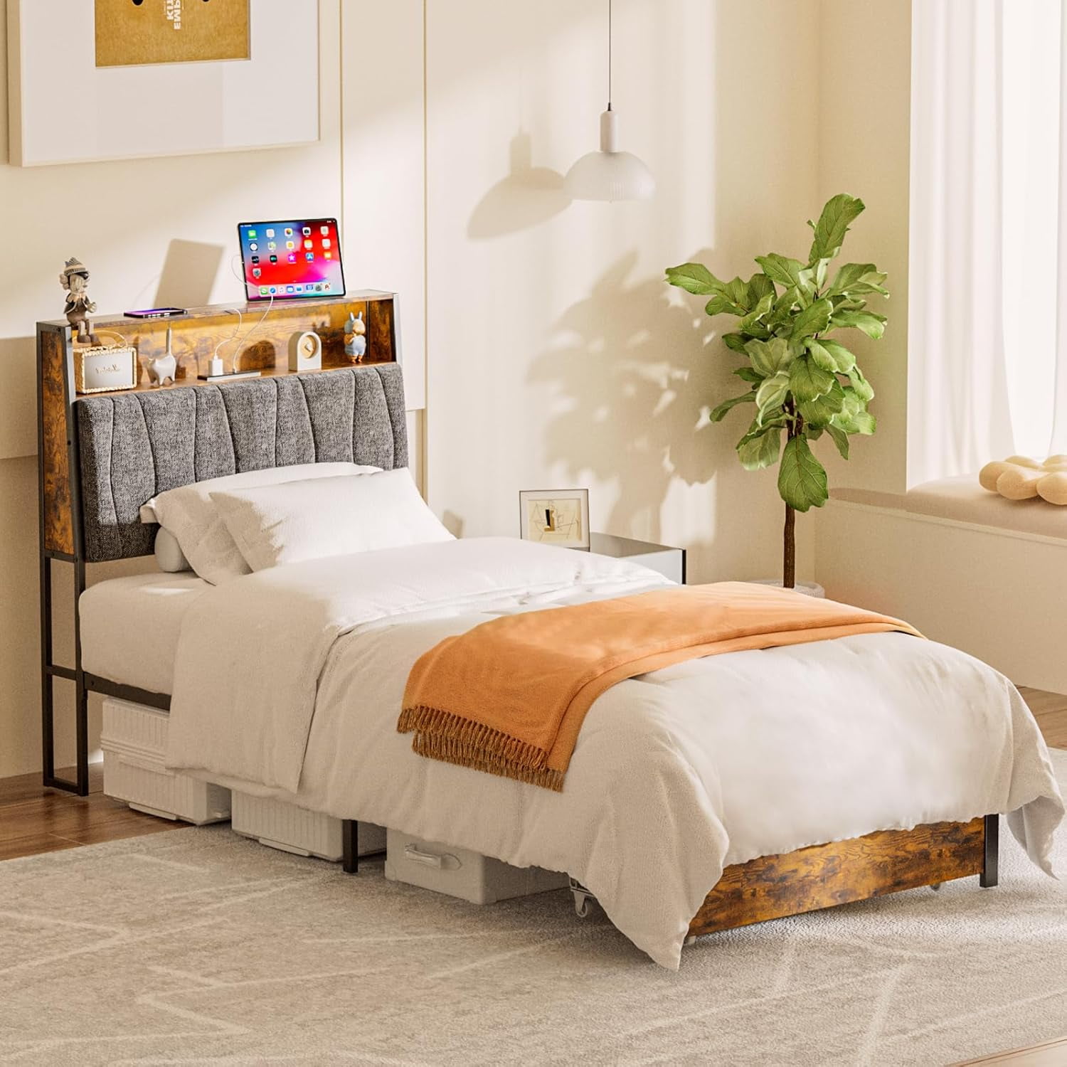 Bed Frame Twin Size, Modern Platform Bed Frames with Storage Bookcase ...