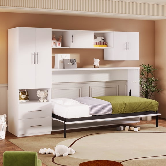 Bed Frame Twin Size Murphy Bed with Open Shelves and Storage Drawers,Built-in Wardrobe and Table, White
