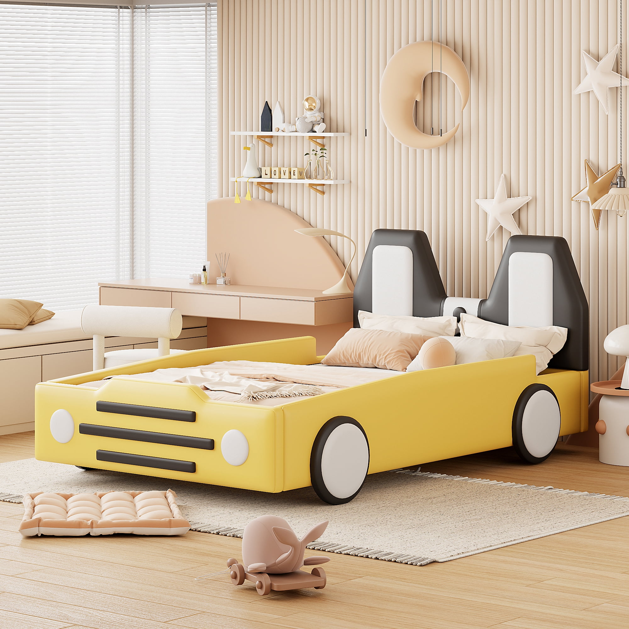 Bed Frame Twin Size Race Car-Shaped Platform Bed with Wheels,Yellow