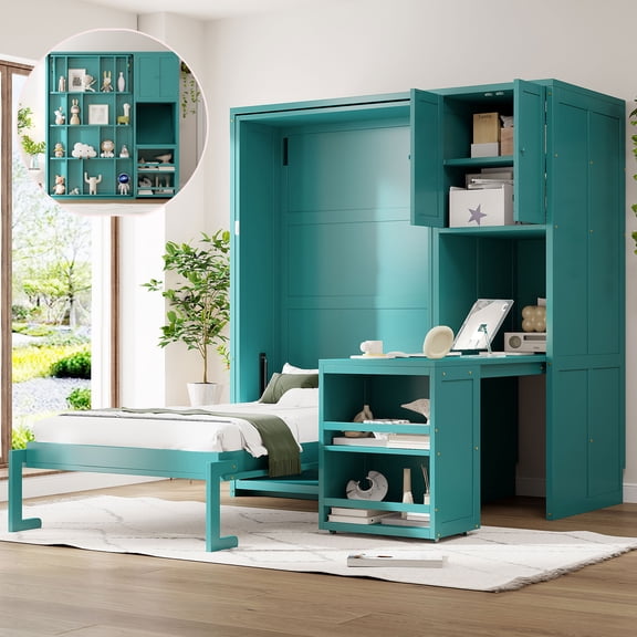 Bed Frame Twin Size Rotating Wall Murphy Beds with Bookshelf, Top Cabinet, Extendable Desk & Side Storage, Teal