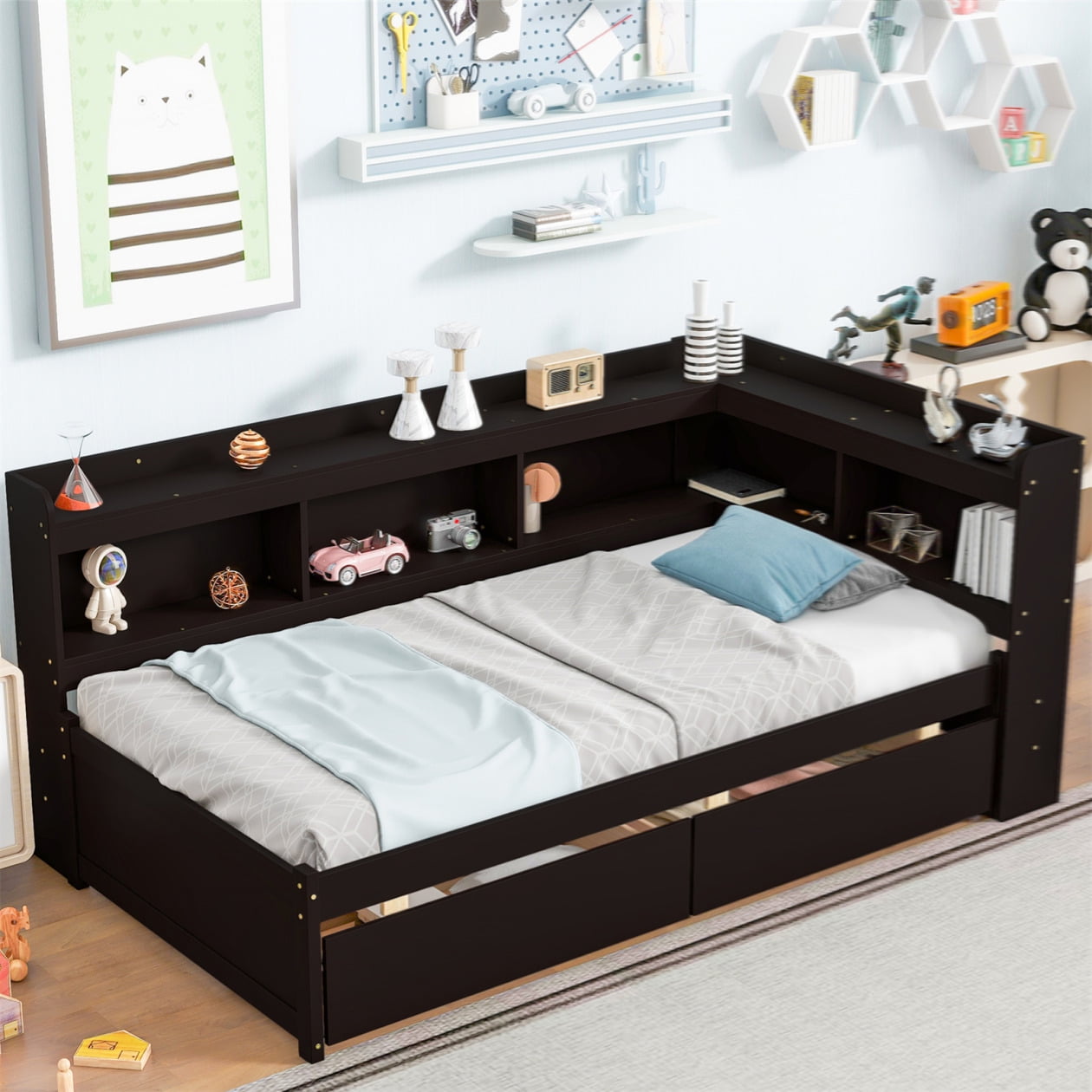 Bed Frame Twin, Twin Bed Frames with Multifunctional Function Lshaped Bookcases, Twin Bed, Twin