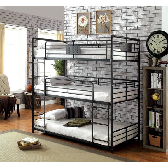 Bed Frame Twin Over Twin Over Twin Bunk Bed Industrial Style Metal Structure Attached Dual Ladder Upper Guard Rails Pipe Framework Antique Black Finish