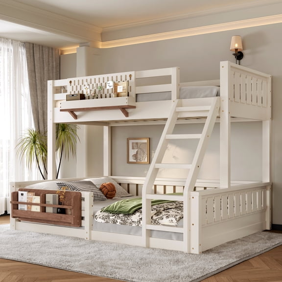 Bed Frame Twin XL over Queen Bunk Bed with Ladder and Guardrails, Pegboard and bookshelf, Beige