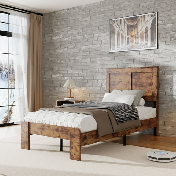 Bed Frame Twin bed frame, wooden platform bed frame, no noise, no need for box springs, easy to assemble tools, large storage space under the bed, light brown color,Platform Bed Frame