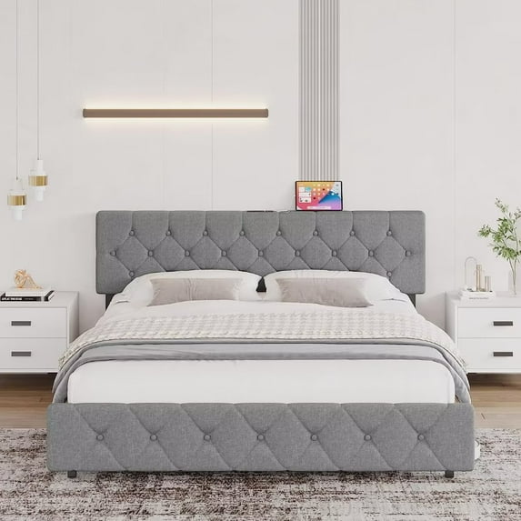 Bed Frame with USB Ports,Upholstered Platform with Adjustable Headboard, Strong Frame and Wooden Slats Support, Linen Fabric Wrap No Box Spring Needed, Easy Assembly, Light Gray,Full