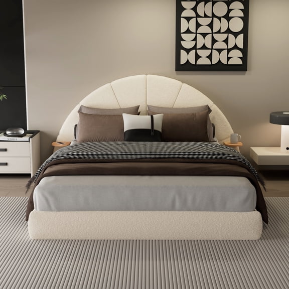 Bed Frame Unique Arched Boucle Bed with Small Table,Queen,Beige,Platform Bed Frame