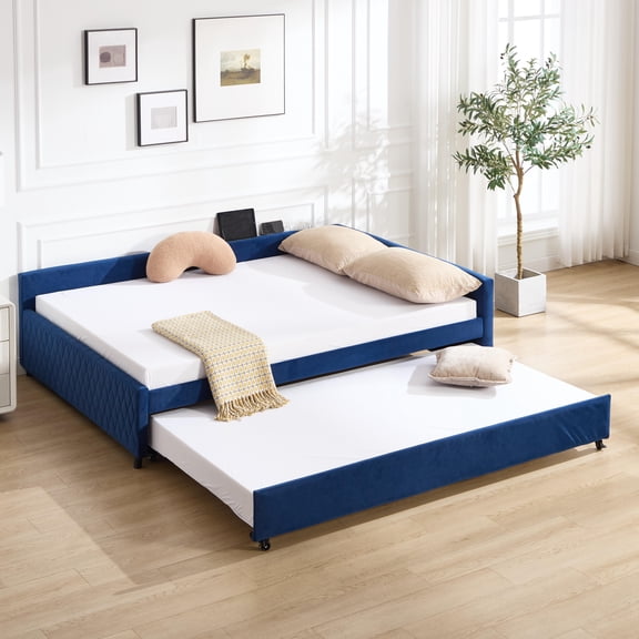 Bed Frame Upholstered Daybed with Trundle,sturdy wooden bed frame, modern diamond grid design,for Bedroom, Guest Room (Navy)