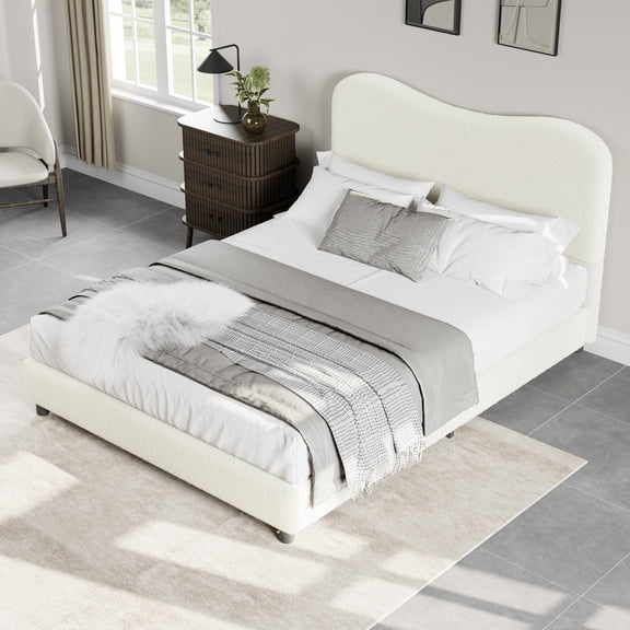 Bed Frame with Upholstered Headboard, Low Profile Sturdy Platform Bed with Soft Boucle Fabric, Heavy Duty, Wooden Slats, Noise Free, No Box Spring Needed