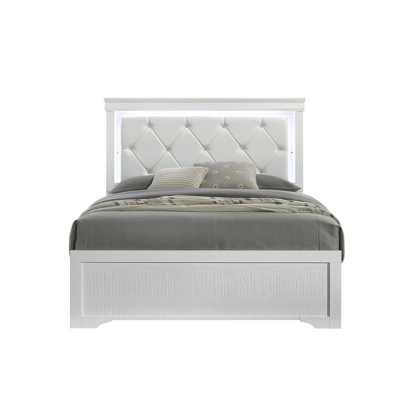 Bed Frame Upholstered Modern Style King Bed Made with LED Headboard Wood in White