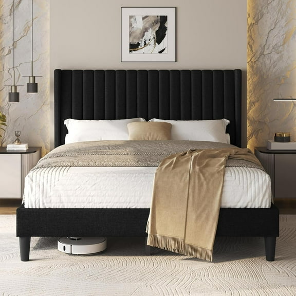 Bed Frame Upholstered Platform Bed with Fabric Headboard, Wing Edge Design/Non-Slip and Noise-Free/Wooden Slats Support/No Box Spring Needed/Easy Assembly, Black Queen Bed