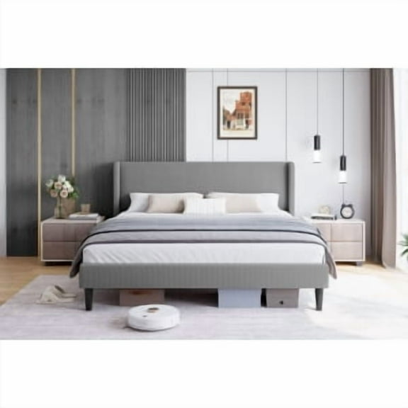 Bed Frame,Upholstered Platform Bed with Wingback Headboard,Retro Simple Style Platform Bed,No Box Spring Needed,Easy Assembly,Wood Slats Support,Full/Queen/King
