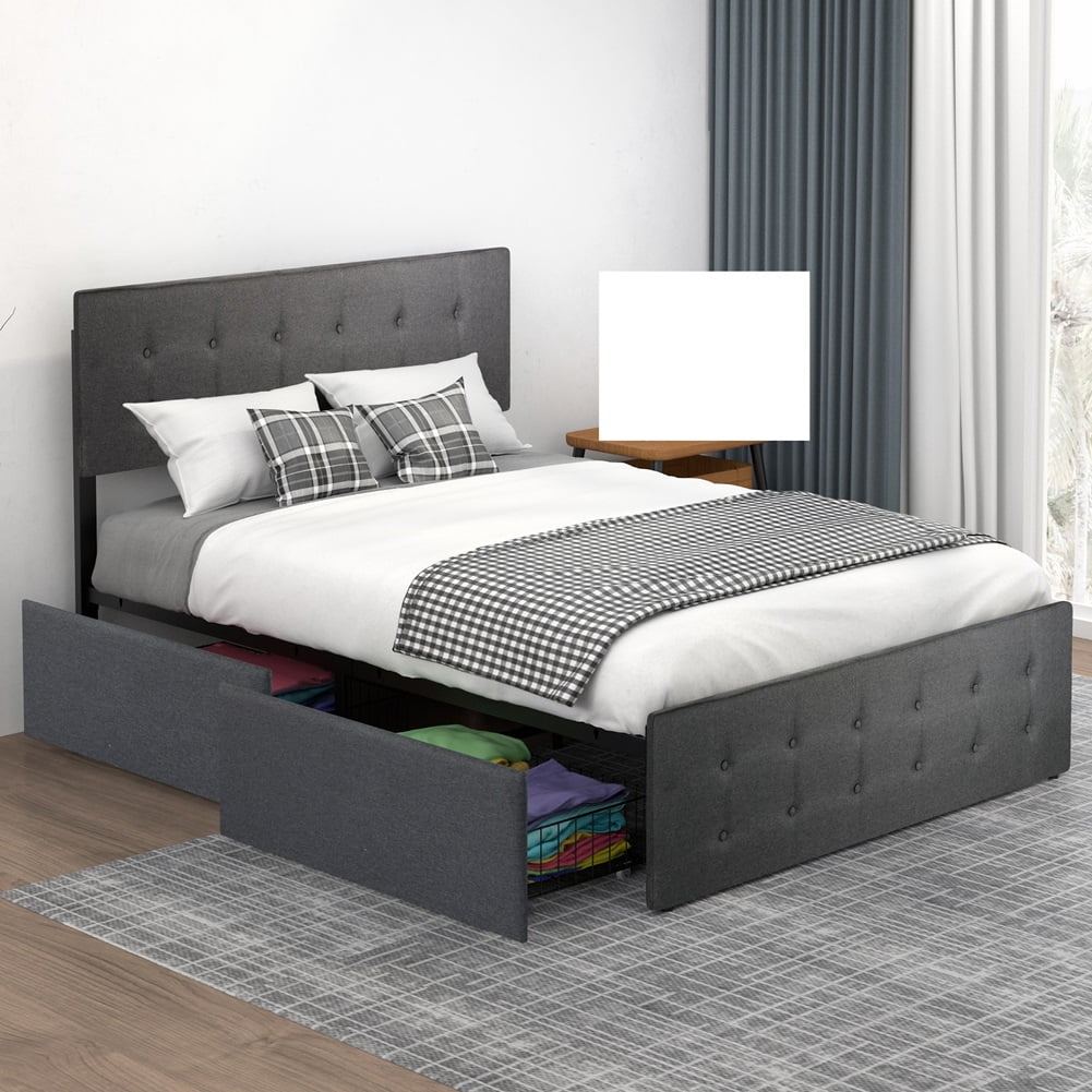 Bed Frame, Upholstered Platform Bed Frame with 4 Storage Drawers and ...